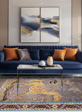 仿羊绒可机洗新中式中国风烟灰紫色轻奢金色马卧室客厅地毯