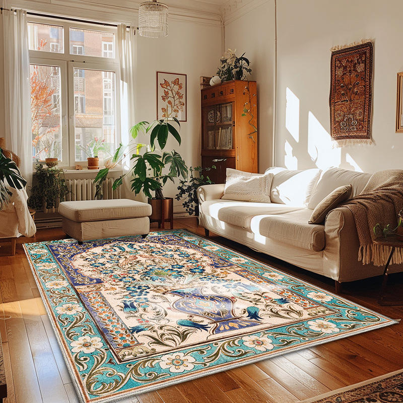 仿羊绒可机洗清新湖蓝绿色米白波斯鸟花瓶民族风卧室客厅地毯地垫