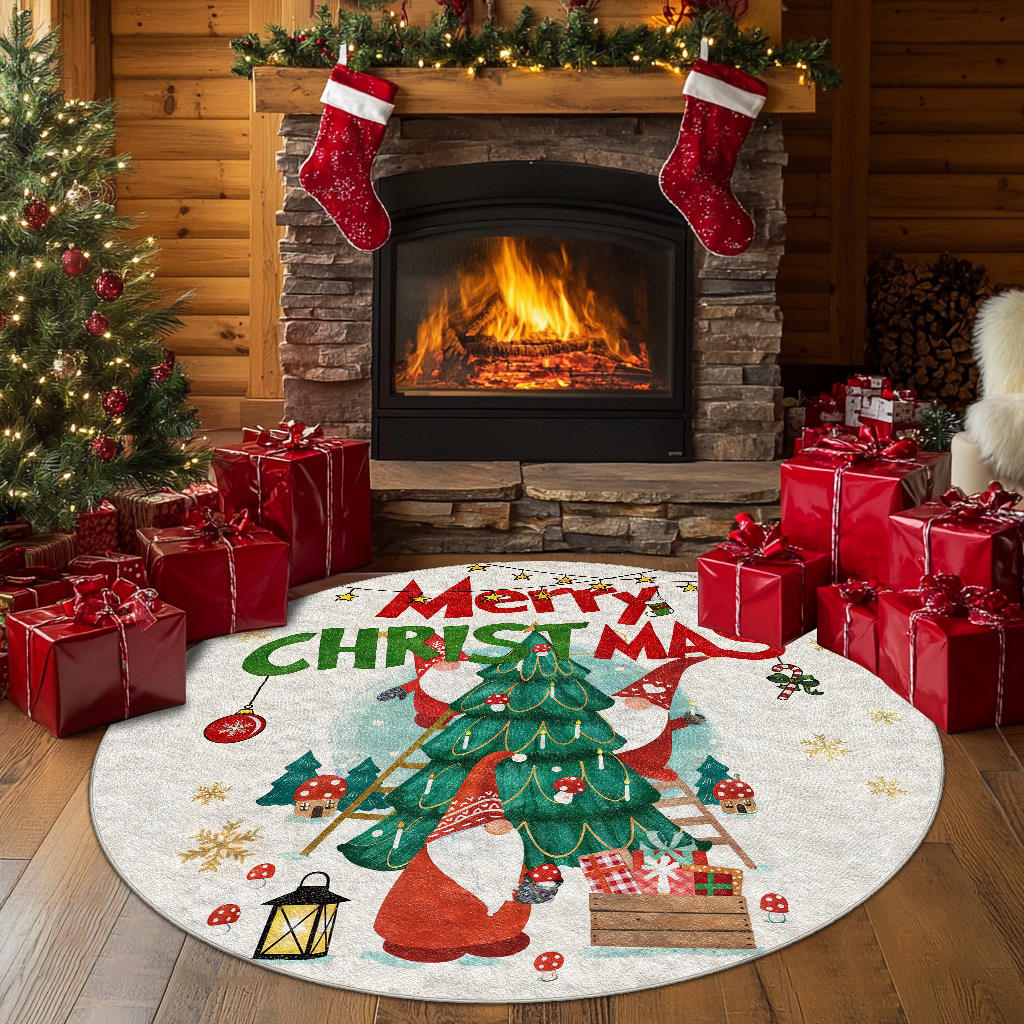 仿羊绒可机洗圣诞节花环黑色白色圣诞树卧室圆形防滑地毯地垫