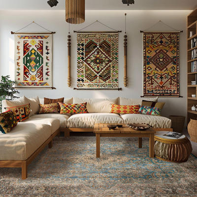 仿羊绒可机洗复古做旧宫廷波斯风民族风淡蓝灰色卧室客厅地毯地垫