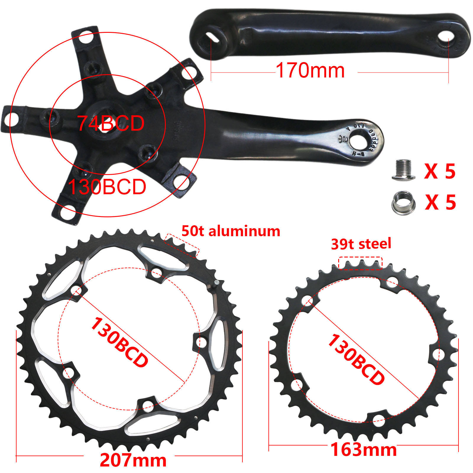 自行车方孔曲柄公路车非一体牙盘74-130BCD折叠车铝合金170mm双盘
