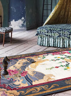 仿羊绒可机洗古典新中式中国风烟灰紫色粉色波浪鹤花轻奢金色地毯