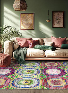 仿羊绒可机洗玫红玫紫色绿色大圆圈民族风卧室客厅防滑地毯
