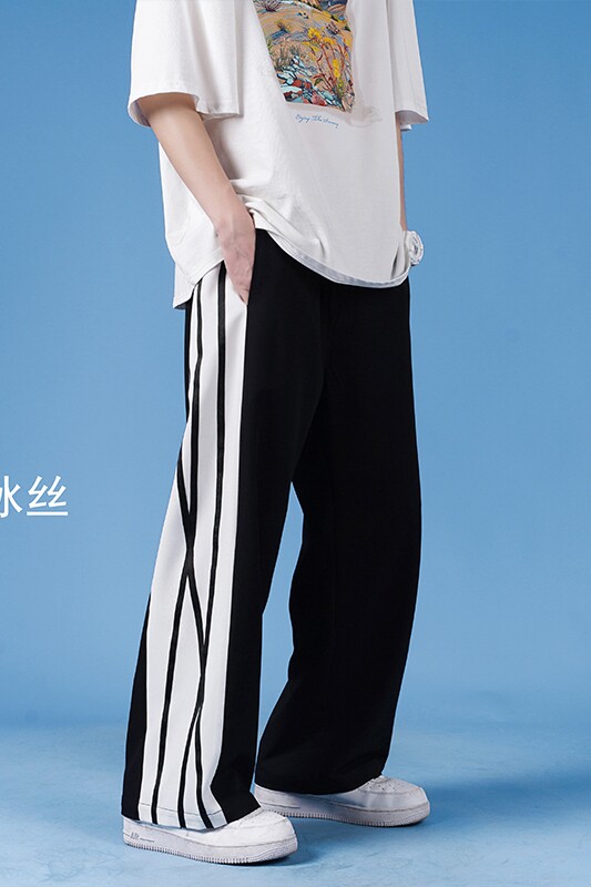 拼条阔腿裤男哈伦裤九分裤直筒拖地裤子A061限68ａ,男装休闲裤,电商A061