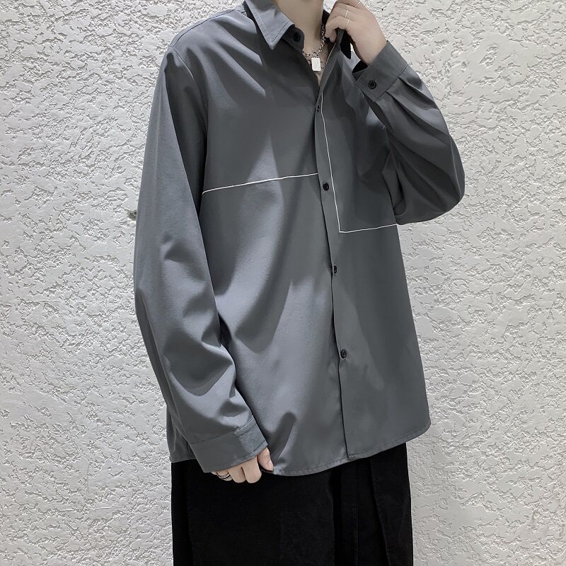 2021春款港风黑色宽松休闲衬衣长袖衬衫B275-C9005,男装衬衫,电商A061