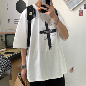 2021新款 港风黑色印花短袖T恤半袖男潮A061-T3028图片