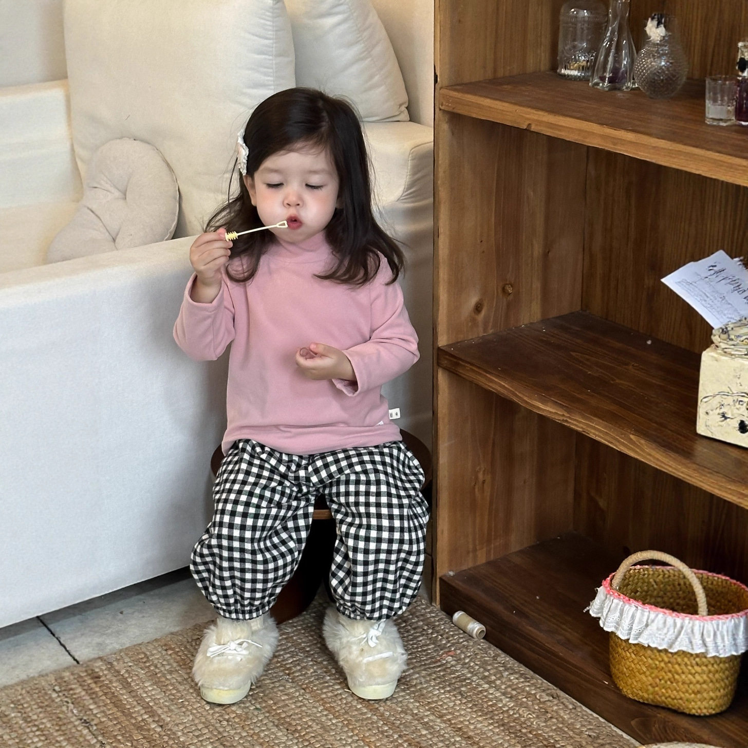 女童半高领打底衫秋冬季衣服2025新款韩版童装宝宝加厚格子裤套装