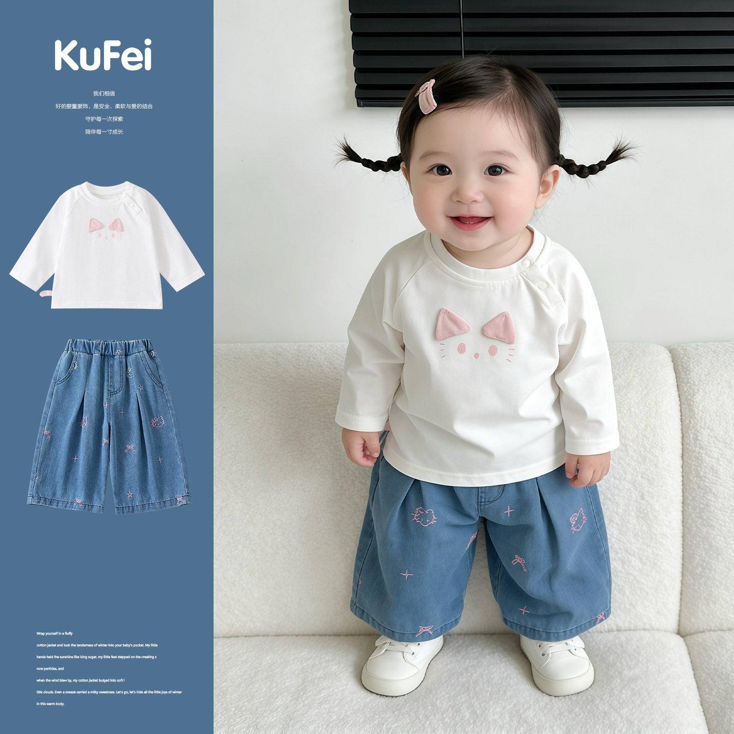 2026春季新款婴幼儿猫咪上衣卡通牛仔裤两件套女宝宝洋气可爱套装