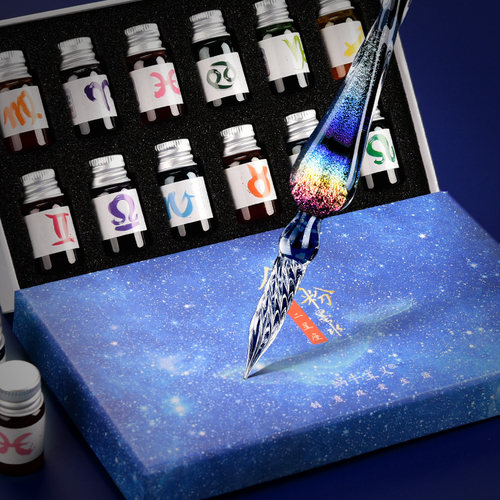 手工玻璃笔彩色金粉墨水星空蘸水笔套装渐变水晶沾水钢笔抖音同款