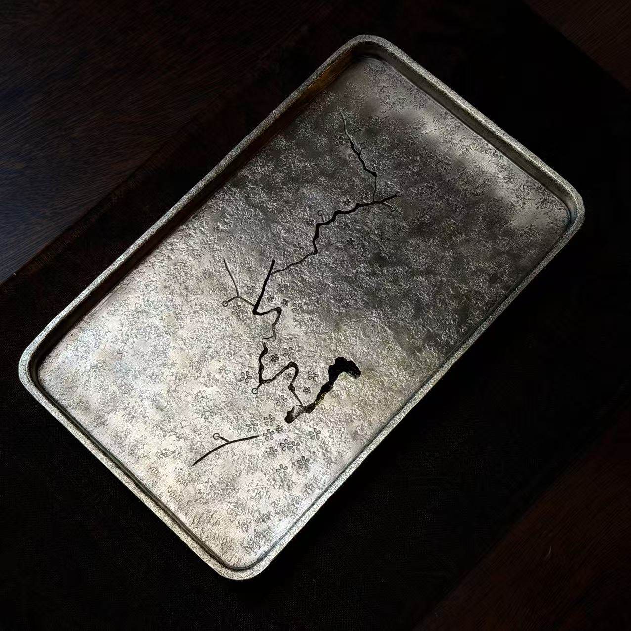 长方梅花茶盘纯锡手工茶船功夫茶具养壶托盘蓄水壶承25x15x4cm