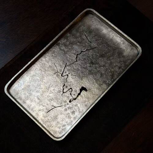 长方梅花茶盘纯锡手工茶船功夫茶具养壶托盘蓄水壶承25x15x4cm