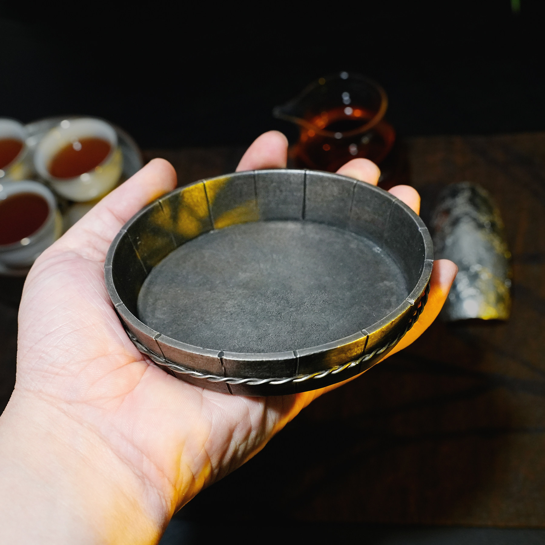 纯锡急须台铜丝环绕包边三足圆形壶承锡茶盘拼接干泡盘杯托小锡盘