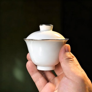 景德镇手绘青花釉下彩临江仙诗文盖碗包银口薄胎铃铛茶碗100cc