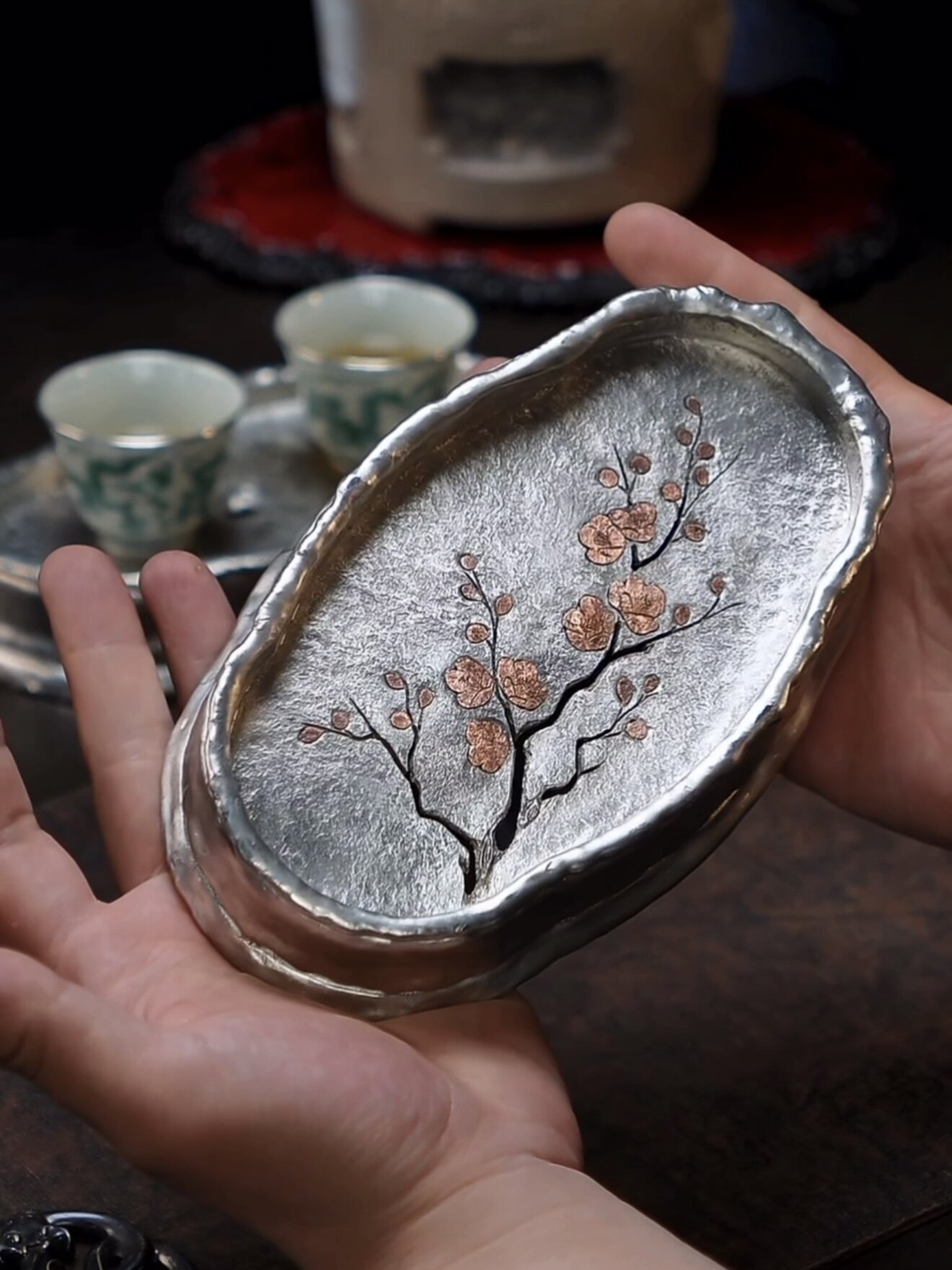 99纯锡全手工梅花嵌铜海棠壶承中国风柿子姹寂风茶盘椭圆蓄水茶船