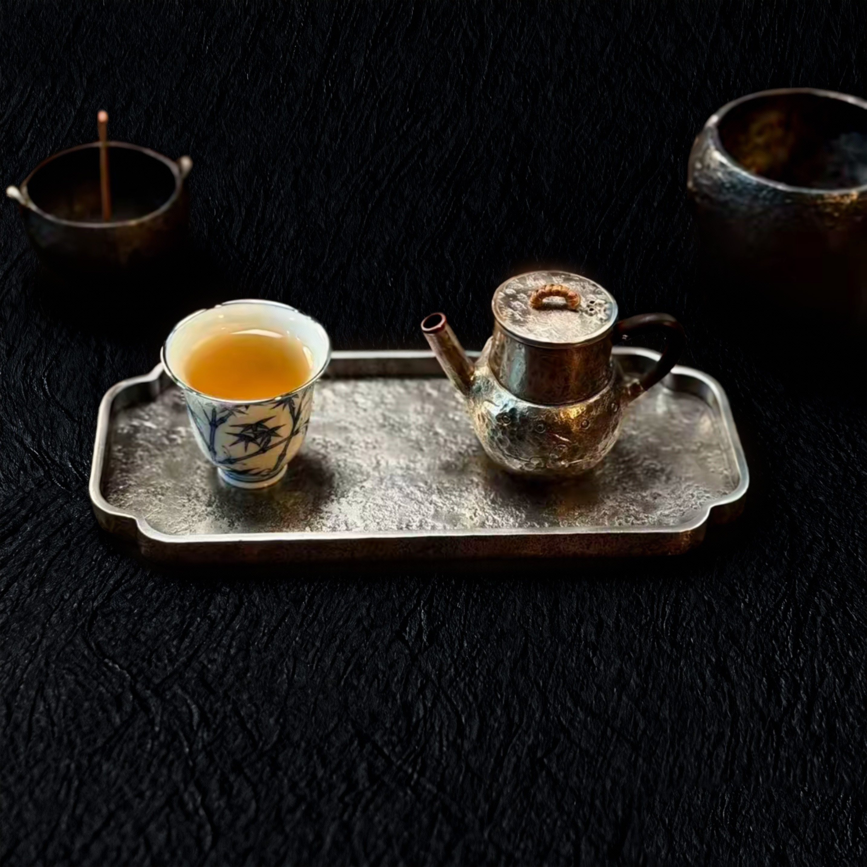 手工锤纹纯锡倭角干泡台长方海棠角茶盘壶承杯架文玩盘22x9.5x1cm