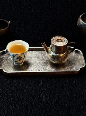 手工锤纹纯锡倭角干泡台长方海棠角茶盘壶承杯架文玩盘22x9.5x1cm