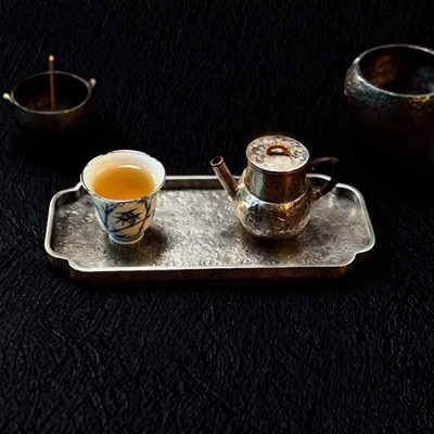 手工锤纹纯锡倭角干泡台长方海棠角茶盘壶承杯架文玩盘22x9.5x1cm