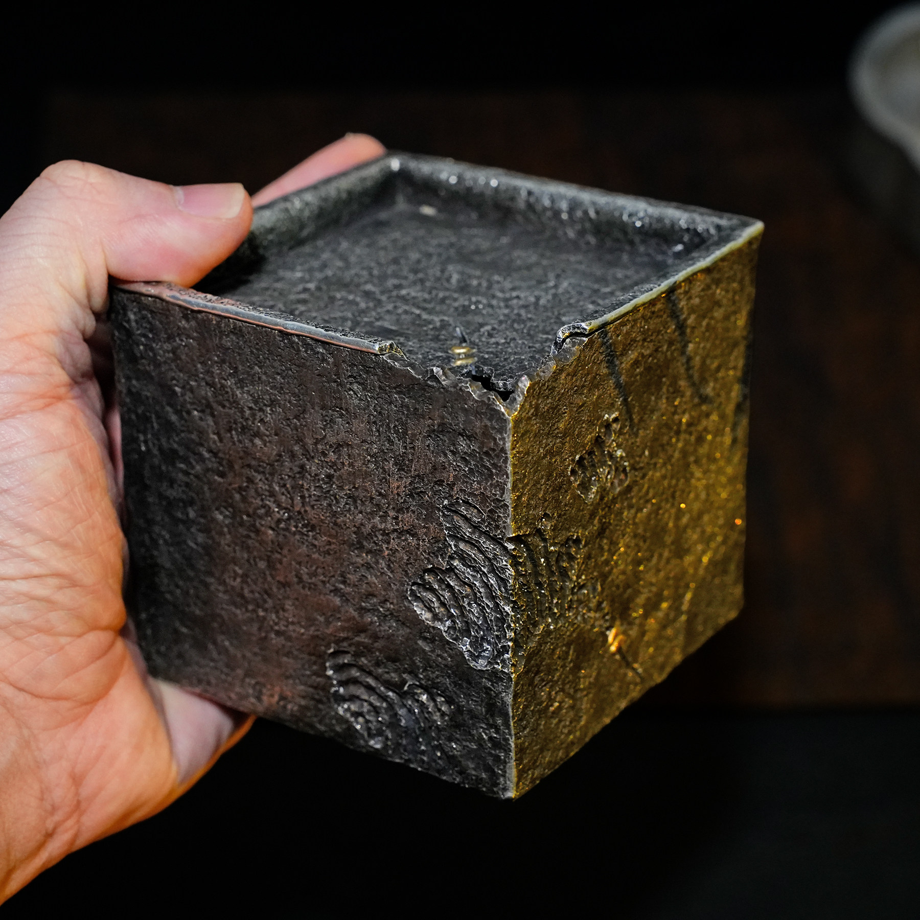 纯锡四方姹寂风建水全手工锻打茶渣桶茶道配件复古做旧锔钉茶洗