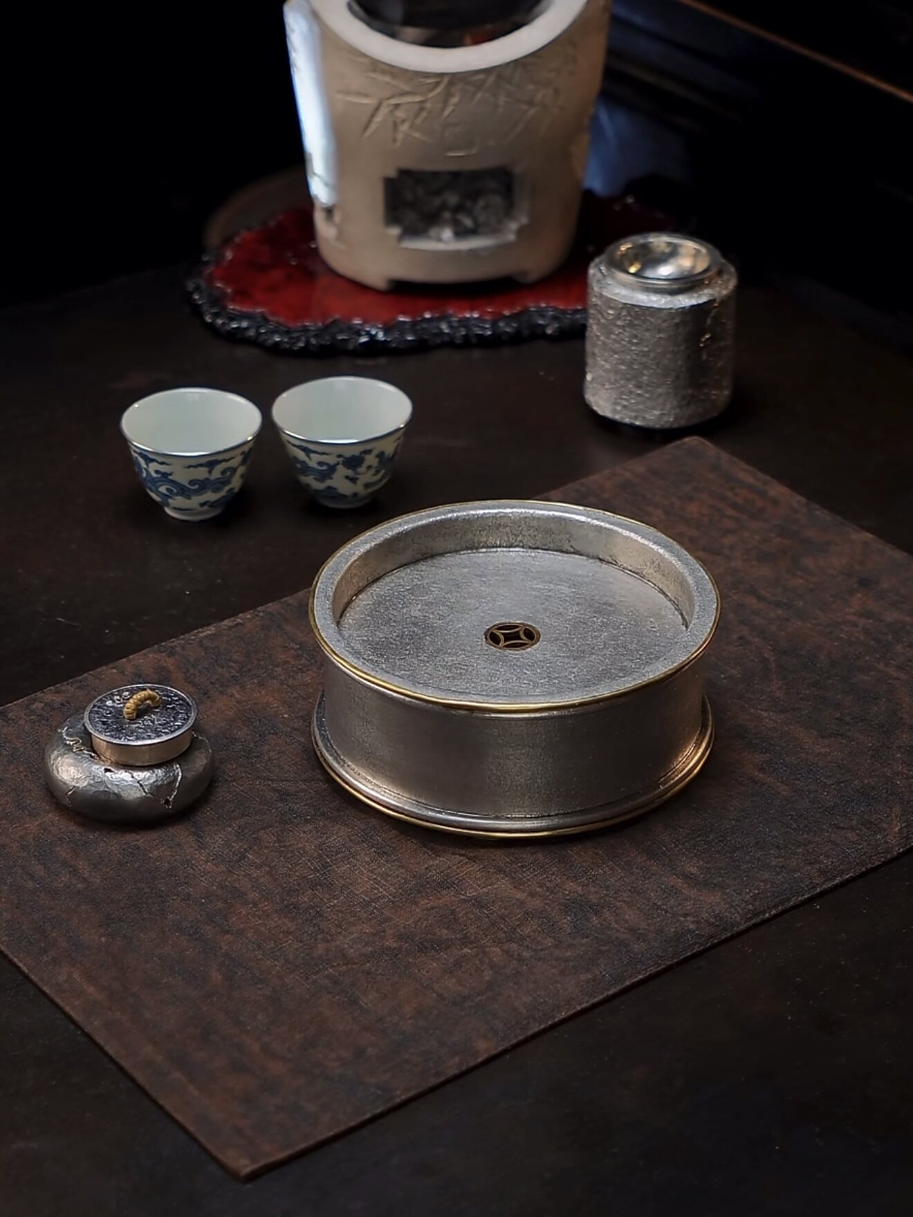 潮汕功夫茶锡壶承包铜边储水茶盘高端茶台圆形锡茶船送礼送长辈