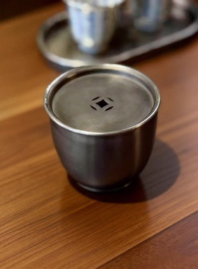 纯锡迷你建水钱孔锡盖包边茶渣缸小渣斗仿古做旧小水盂蓄水120cc