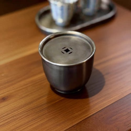 纯锡迷你建水钱孔锡盖包边茶渣缸小渣斗仿古做旧小水盂蓄水120cc