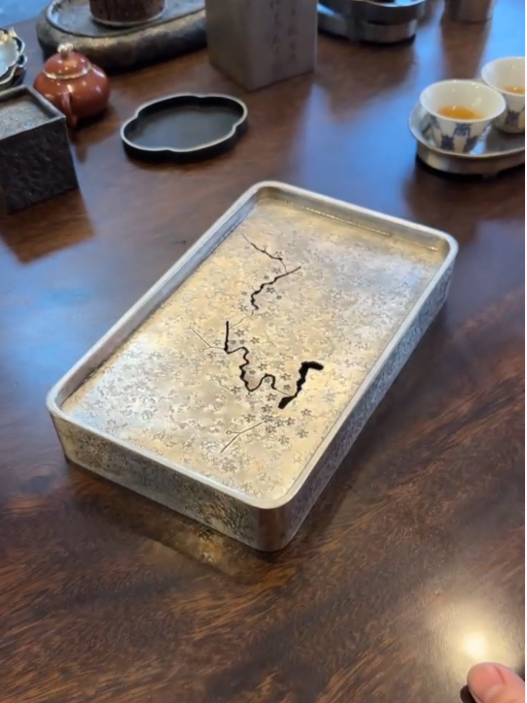 长方梅花茶盘纯锡手工茶船功夫茶具养壶托盘蓄水壶承25x15x4cm