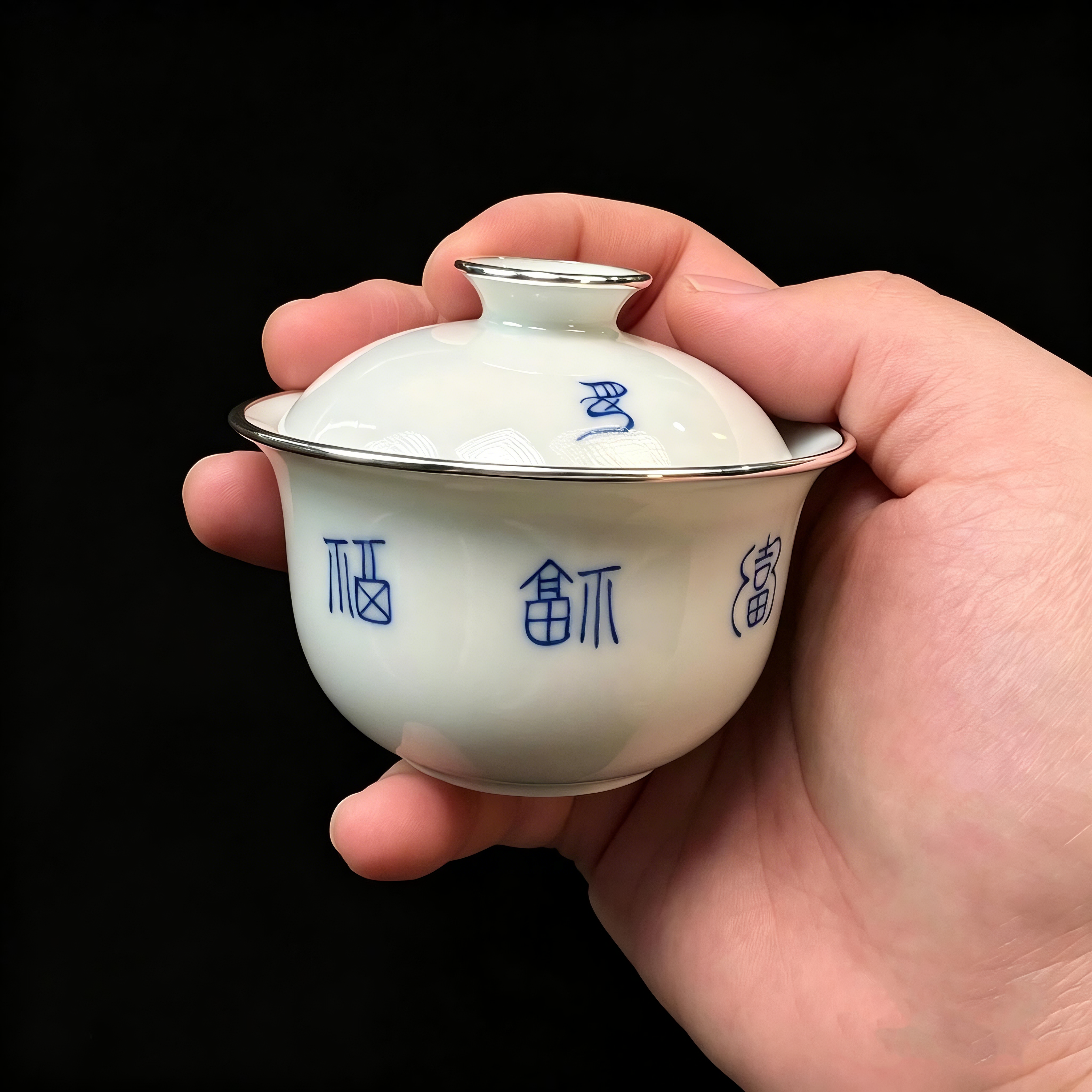 三包银口超薄胎元宝盖碗手绘青花隶书书法福禄寿喜主人杯蛋壳杯
