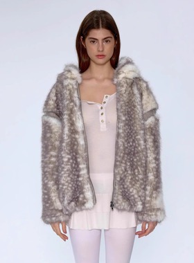 野性清冷 CSFC冬季氛围雪豹纹理仿皮草连帽外套一件过冬