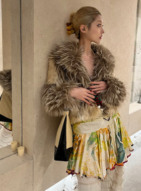 CSFC 小众设计豹纹拼接秋冬外套皮草保暖短款外套