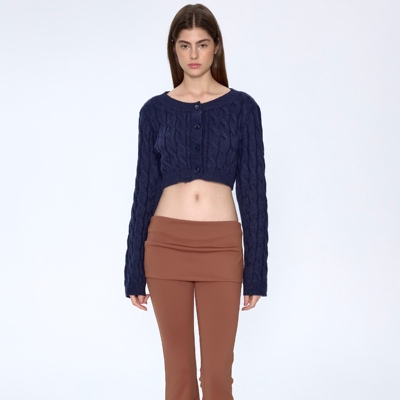 学院派复古甄选 CSFC 智性藏青色经典麻花开衫短款美丽诺羊毛