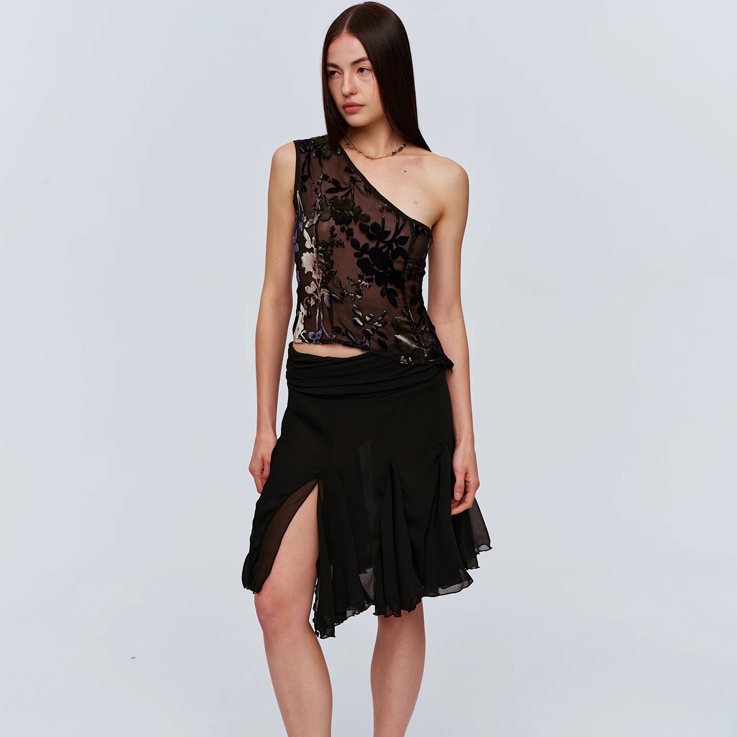 CSFC双层雪纺深衩黑色半裙