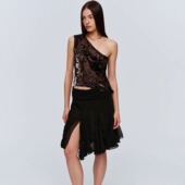 CSFC 简约复古夏日度假半身裙 双层雪纺深衩黑色半裙