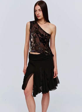 CSFC 双层雪纺深衩黑色半裙 简约复古夏日度假半身裙