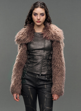 CSFC 金属皮外套拼接皮草皮带束腰 显瘦气场保暖中世纪骑士外套冬
