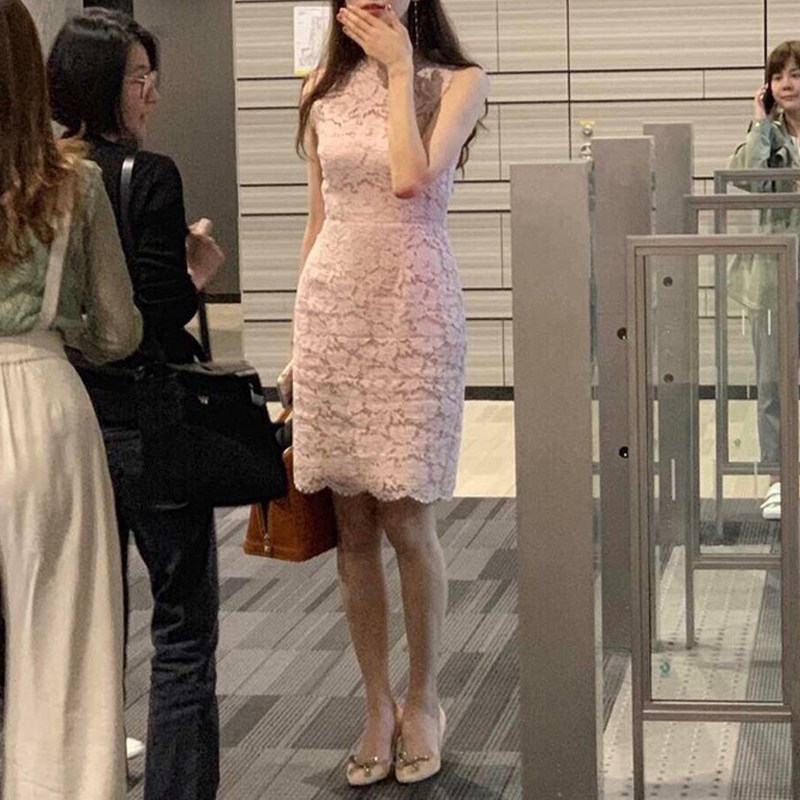2024春夏秋女粉色蕾丝无袖连衣裙