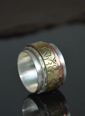 藏式六字箴言藏银戒指可转动戒子民族风精工指环男女款民族风