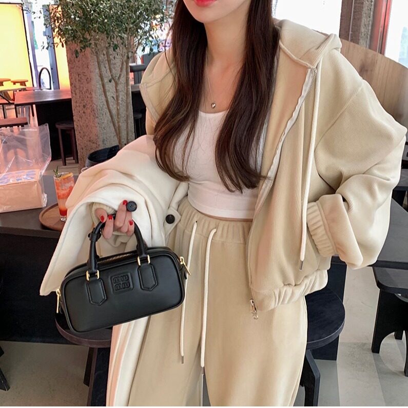韩国东大门设计感双拉链坑条连帽卫衣外套女+宽松运动休闲裤套装