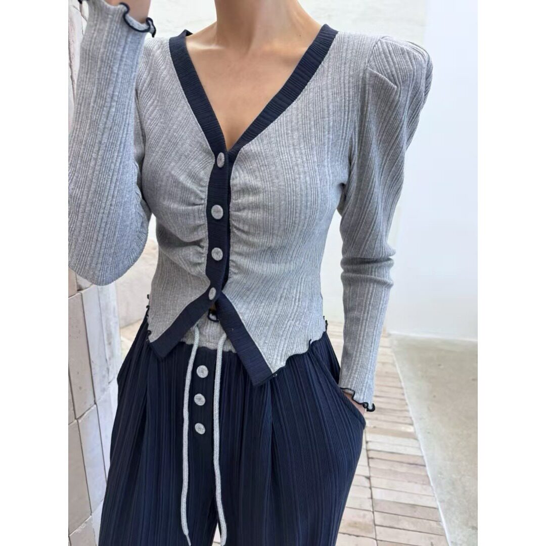 韩国撞色V领泡泡袖针织上衣T恤女
