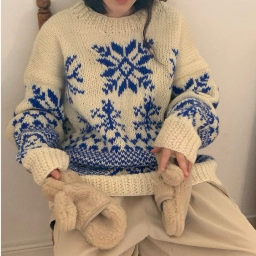 韩国减龄圆领雪花套头针织毛衣女