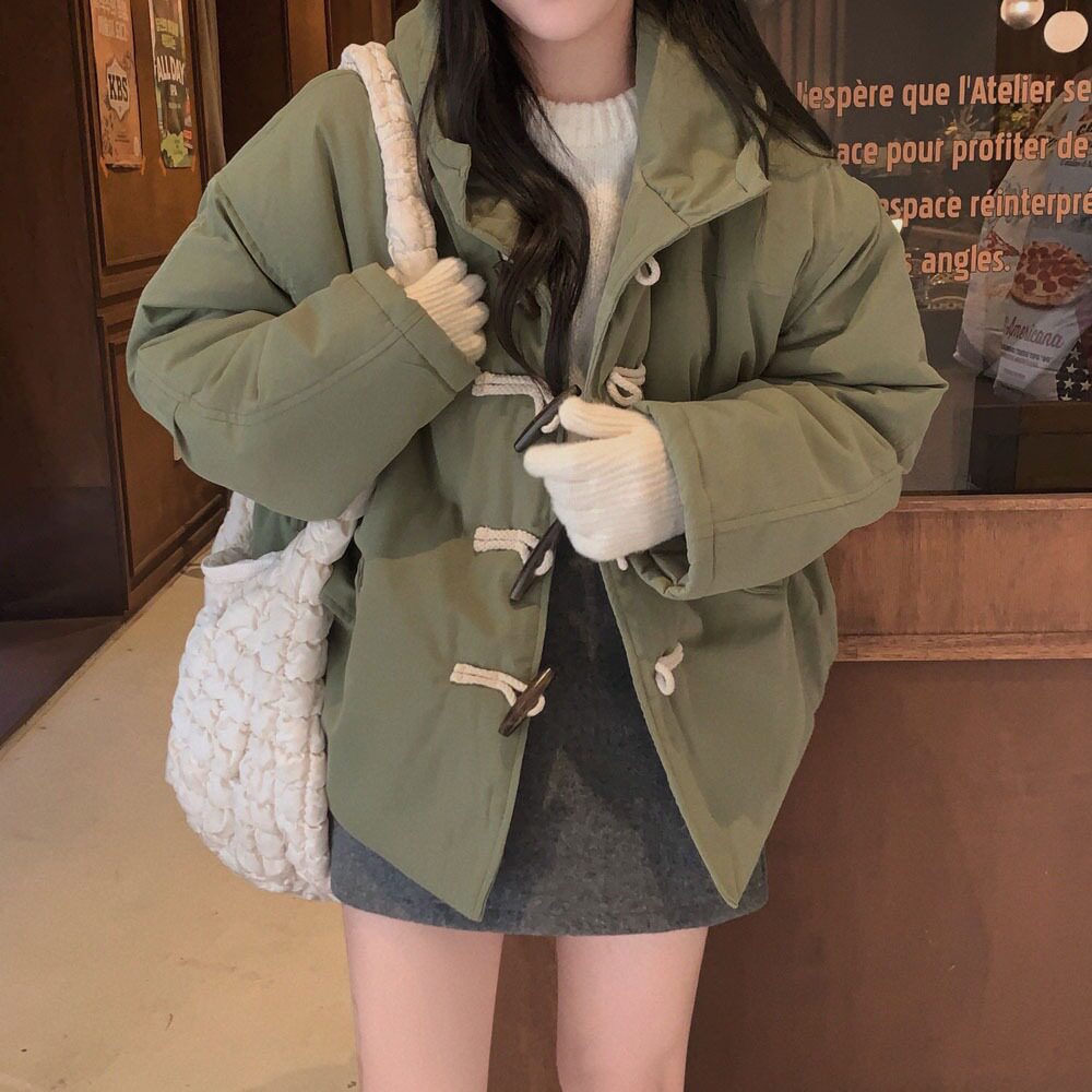 韩国宽松牛角扣连帽棉服大衣外套
