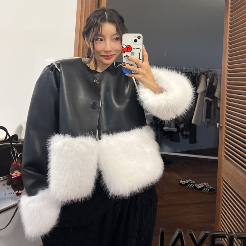 韩国PU皮毛一体仿皮草大衣外套女