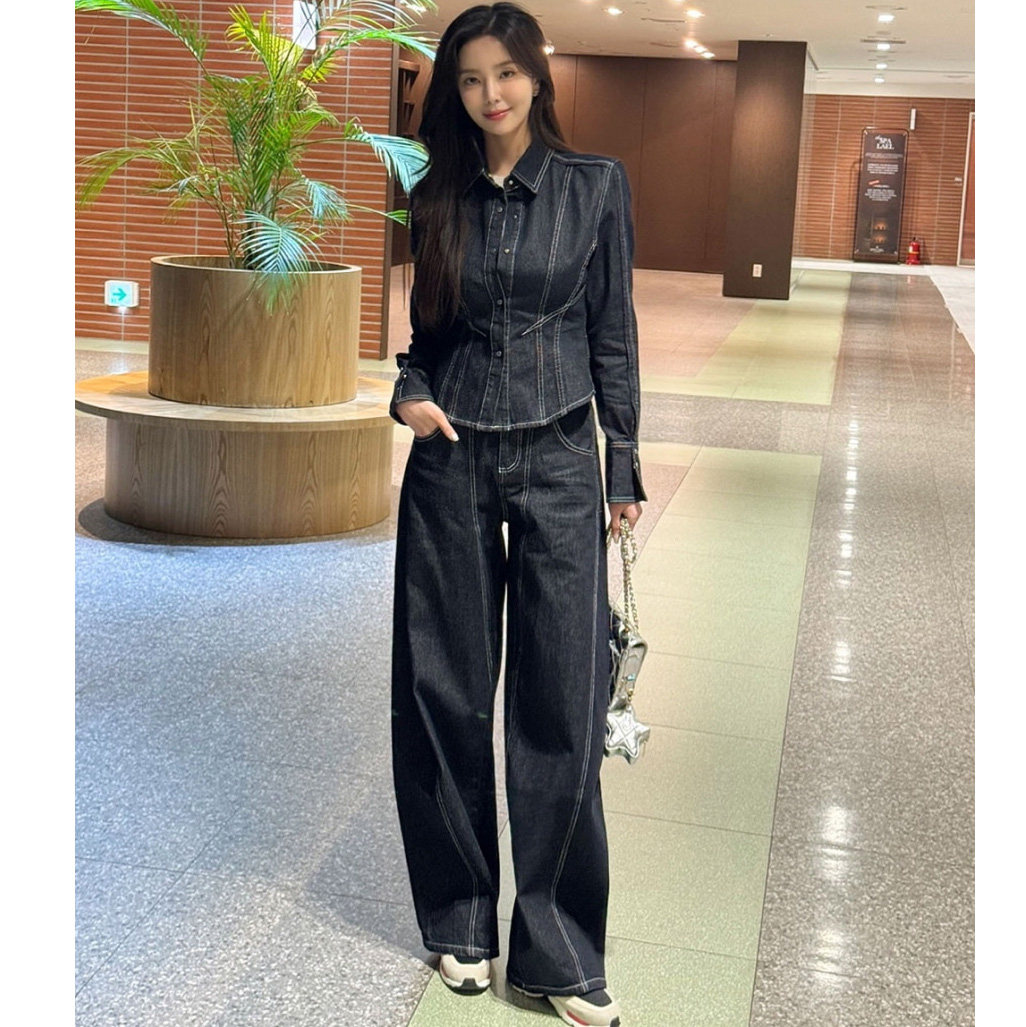 韩国明线衬衫外套+阔腿裤女套装
