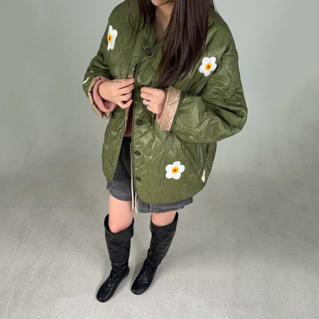 韩国东大门2025新款立体刺绣花朵棉服宽松系扣菱格保暖棉衣外套女