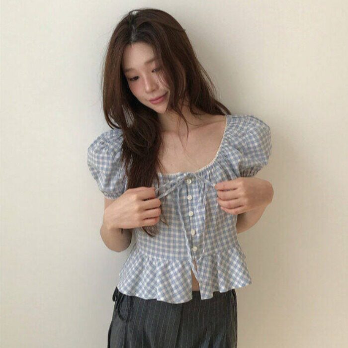 韩国U领蕾丝荷叶边短袖格子衬衫