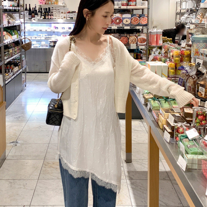 韩国东大门新款纯色不规则蕾丝花边叠穿吊带背心连衣裙女外穿上衣