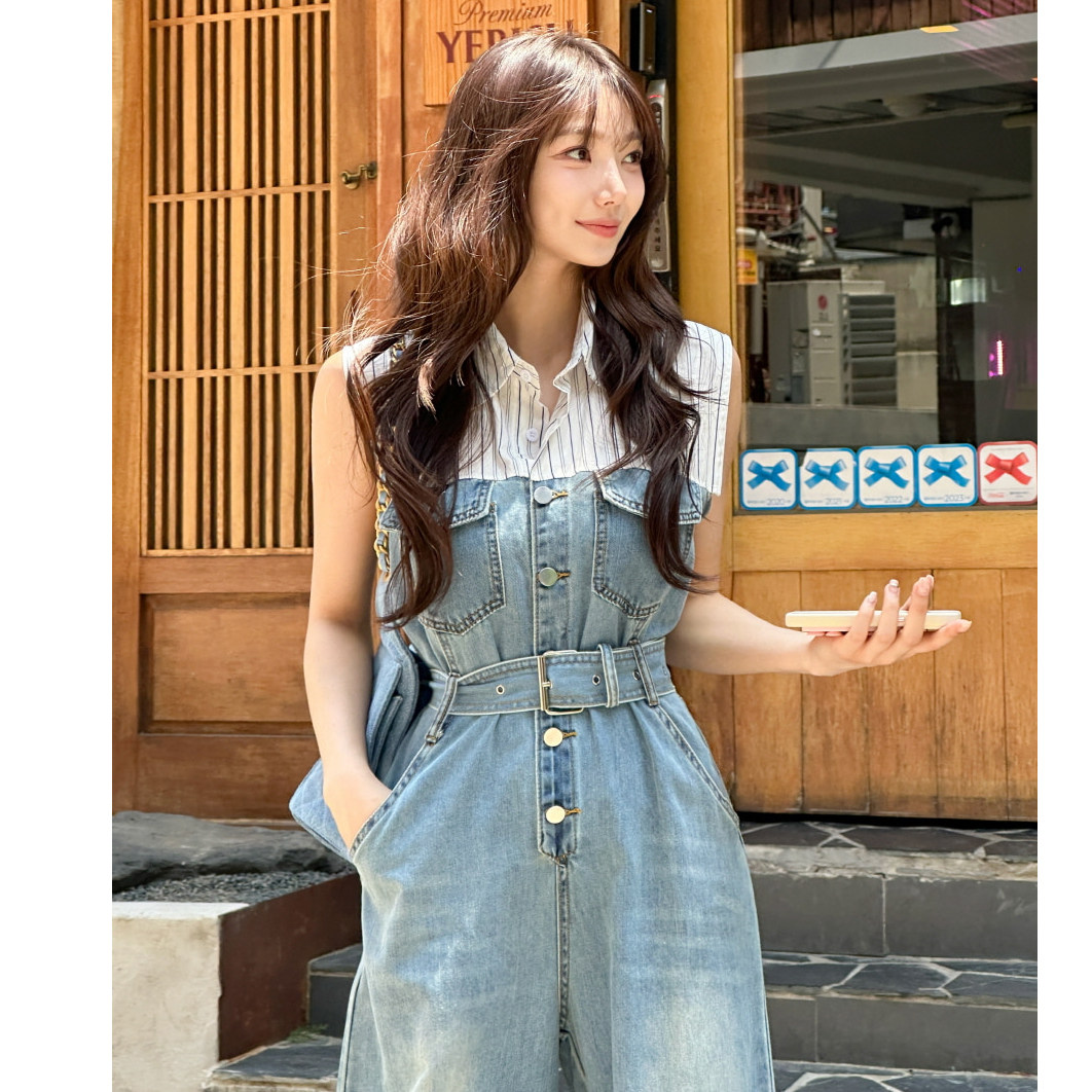 韩国东大门翻领条纹系扣无袖衬衫拼接高腰直筒阔腿牛仔连体衣裤女