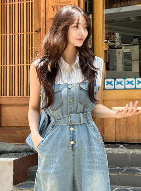韩国条纹衬衫拼接牛仔连体衣裤女