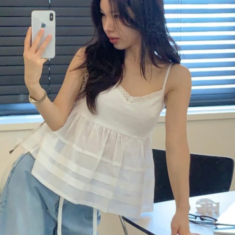韩国拼接蕾丝花边露背纯色吊带女