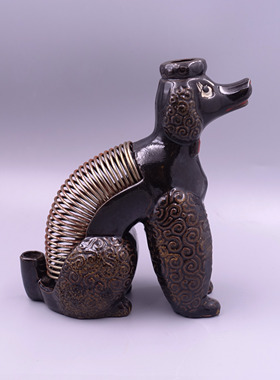 Vintage 日本产 陶瓷小狗贵宾犬名片夹摆件 背部弹簧可夹卡片