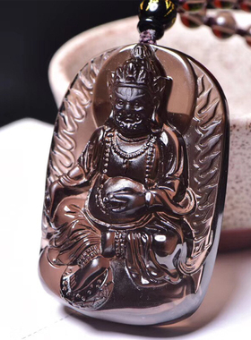 冰种黑曜石吊坠精雕天然黄财神